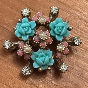 Floral Brooch with Turquoise and Pink Rose Accents